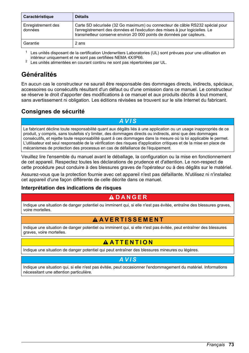 Généralités, Consignes de sécurité, Interprétation des indications de risques | A v i s | Hach-Lange POLYMETRON 9523 Basic User Manual User Manual | Page 73 / 254