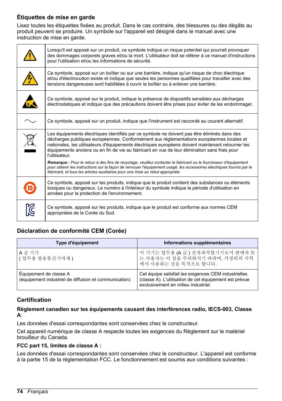 Étiquettes de mise en garde, Déclaration de conformité cem (corée), Certification | Hach-Lange POLYMETRON 9523 Basic User Manual User Manual | Page 74 / 254