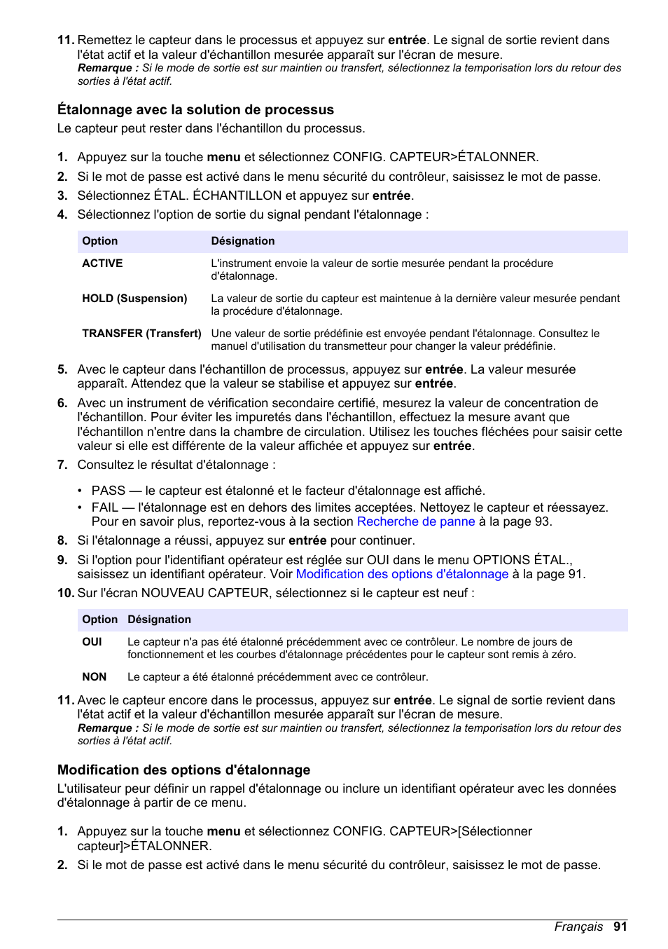 Étalonnage avec la solution de processus, Modification des options d'étalonnage | Hach-Lange POLYMETRON 9523 Basic User Manual User Manual | Page 91 / 254