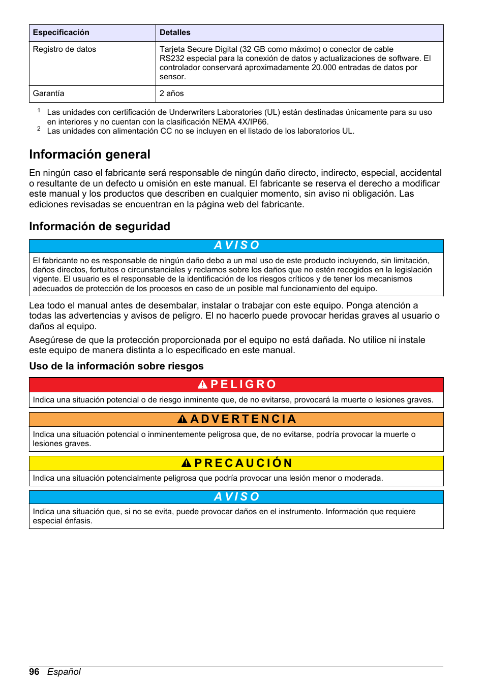 Información general, Información de seguridad, Uso de la información sobre riesgos | Hach-Lange POLYMETRON 9523 Basic User Manual User Manual | Page 96 / 254