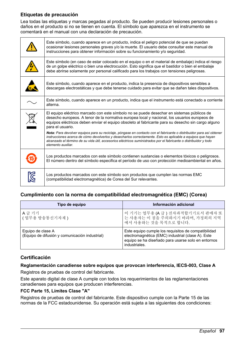 Etiquetas de precaución, Certificación | Hach-Lange POLYMETRON 9523 Basic User Manual User Manual | Page 97 / 254