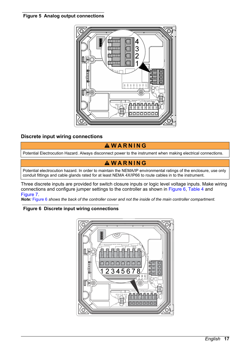 Discrete input wiring connections, Two isolated analog outputs (1 and 2) are provided, Figure 5 | Note | Hach-Lange POLYMETRON 9523 User Manual User Manual | Page 19 / 44
