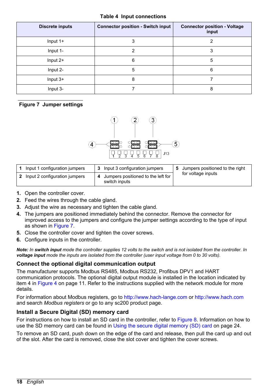Connect the optional digital communication output, Install a secure digital (sd) memory card, Table 4 | Figure 7 | Hach-Lange POLYMETRON 9523 User Manual User Manual | Page 20 / 44