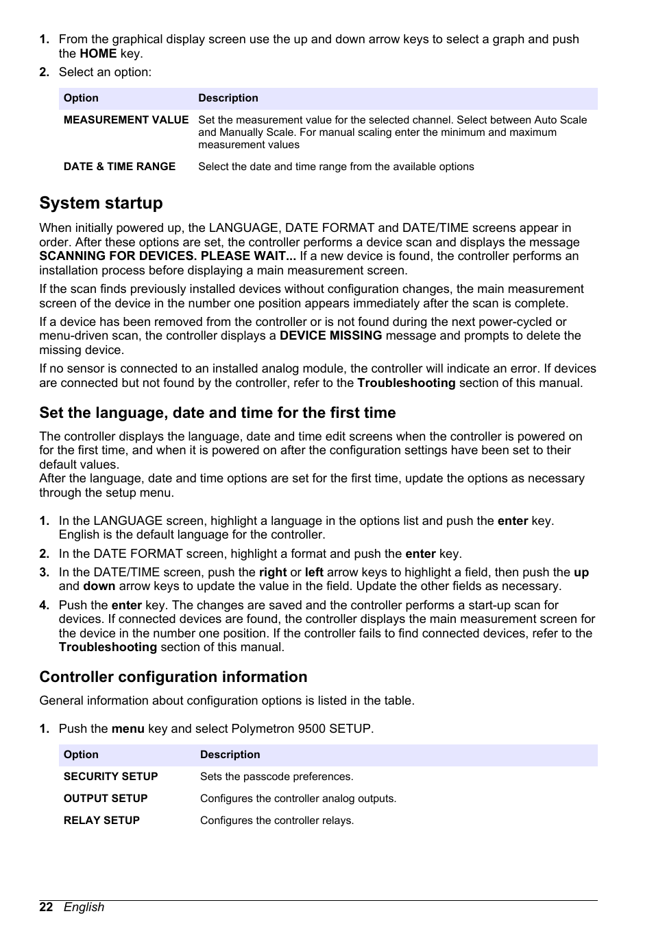 System startup, Set the language, date and time for the first time, Controller configuration information | Hach-Lange POLYMETRON 9523 User Manual User Manual | Page 24 / 44