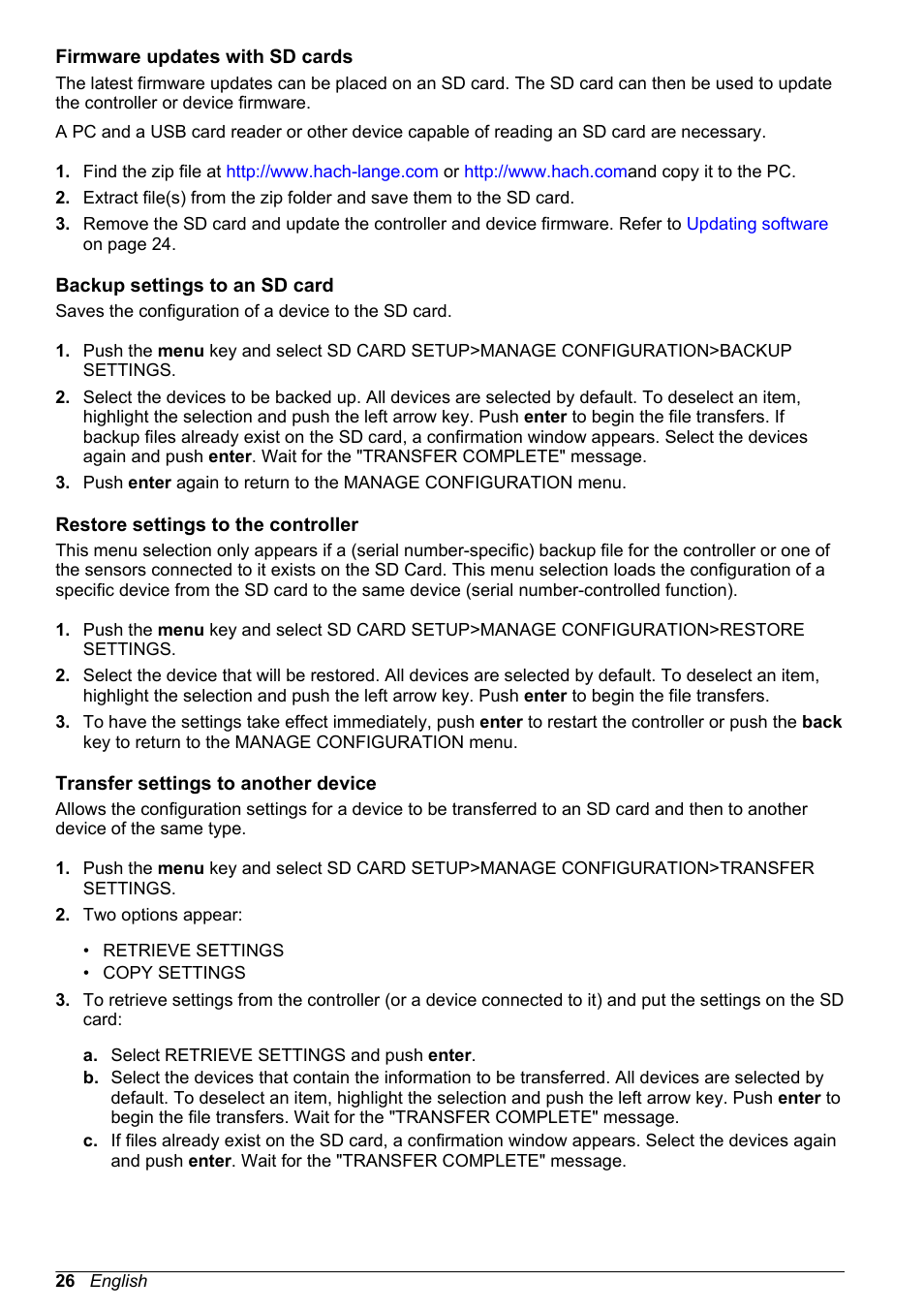 Firmware updates with sd cards, Backup settings to an sd card, Restore settings to the controller | Transfer settings to another device | Hach-Lange POLYMETRON 9523 User Manual User Manual | Page 28 / 44