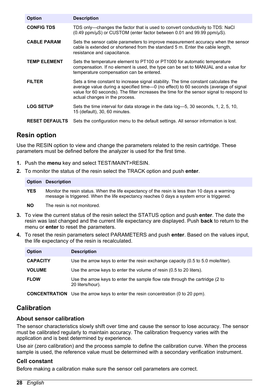 Resin option, Calibration, About sensor calibration | Cell constant, About sensor calibration cell constant | Hach-Lange POLYMETRON 9523 User Manual User Manual | Page 30 / 44