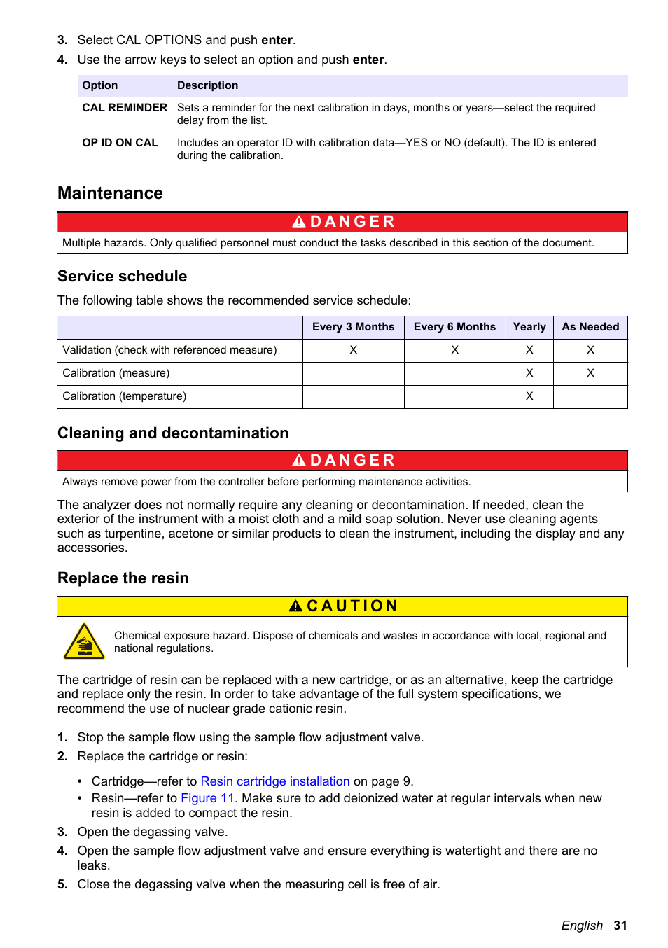 Maintenance, Service schedule, Cleaning and decontamination | Replace the resin | Hach-Lange POLYMETRON 9523 User Manual User Manual | Page 33 / 44
