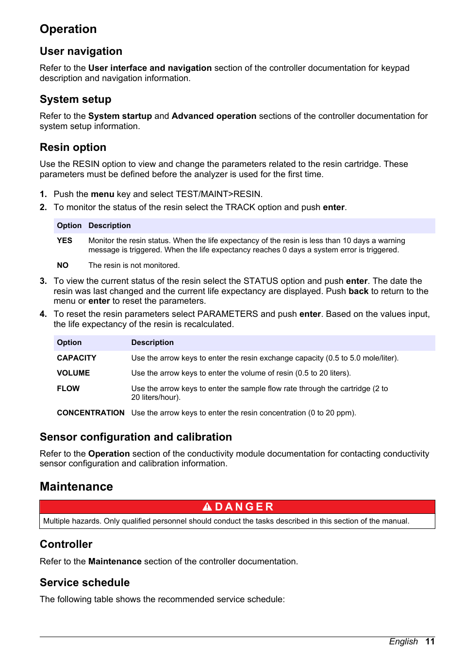 Operation, User navigation, System setup | Resin option, Sensor configuration and calibration, Maintenance, Controller, Service schedule, Controller service schedule | Hach-Lange HACH 9523 User Manual | Page 13 / 22