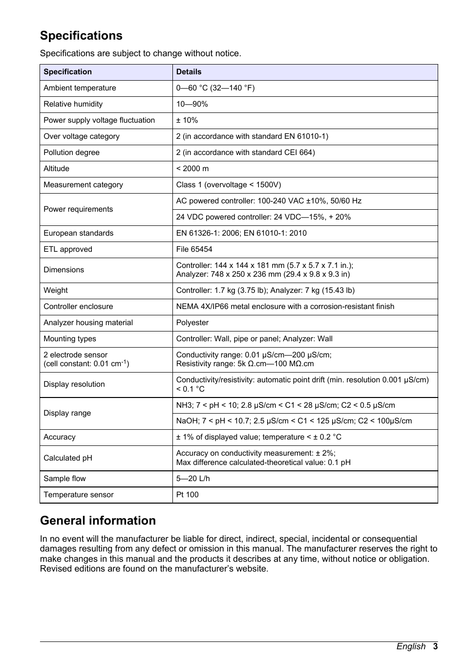 Specifications, General information | Hach-Lange HACH 9523 User Manual | Page 5 / 22