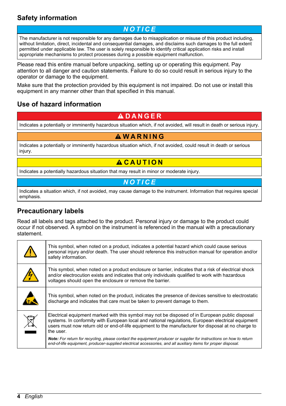 Safety information, Use of hazard information, Precautionary labels | Hach-Lange HACH 9523 User Manual | Page 6 / 22