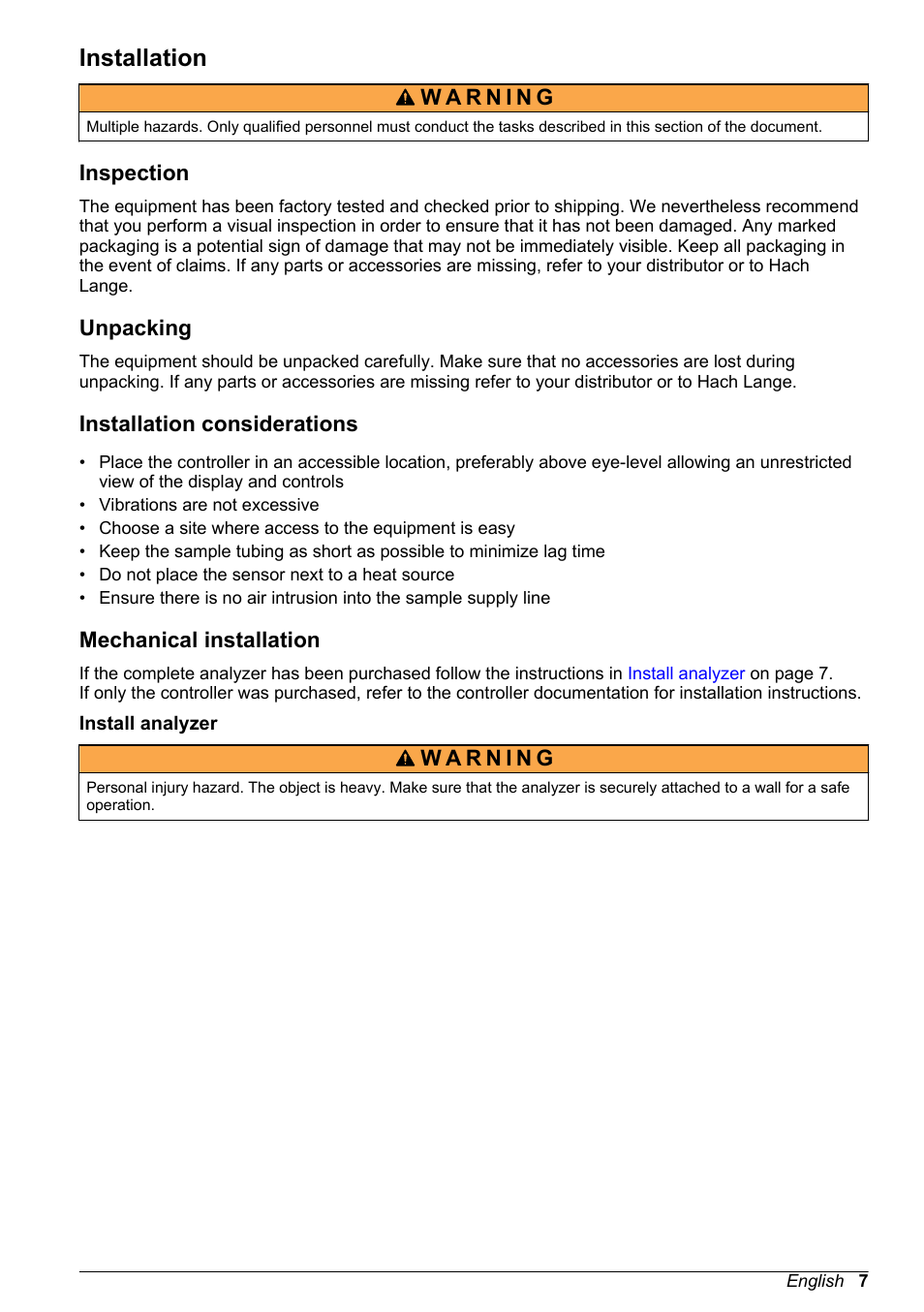 Installation, Inspection, Unpacking | Installation considerations, Mechanical installation, Install analyzer | Hach-Lange HACH 9523 User Manual | Page 9 / 22