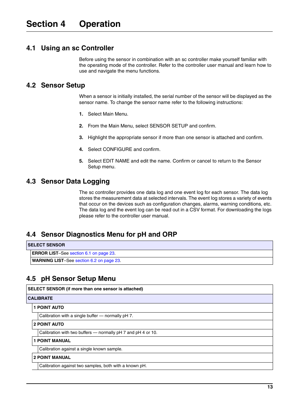 1 using an sc controller, 2 sensor setup, 3 sensor data logging | 4 sensor diagnostics menu for ph and orp, 5 ph sensor setup menu | Hach-Lange pHD sc User Manual | Page 19 / 44