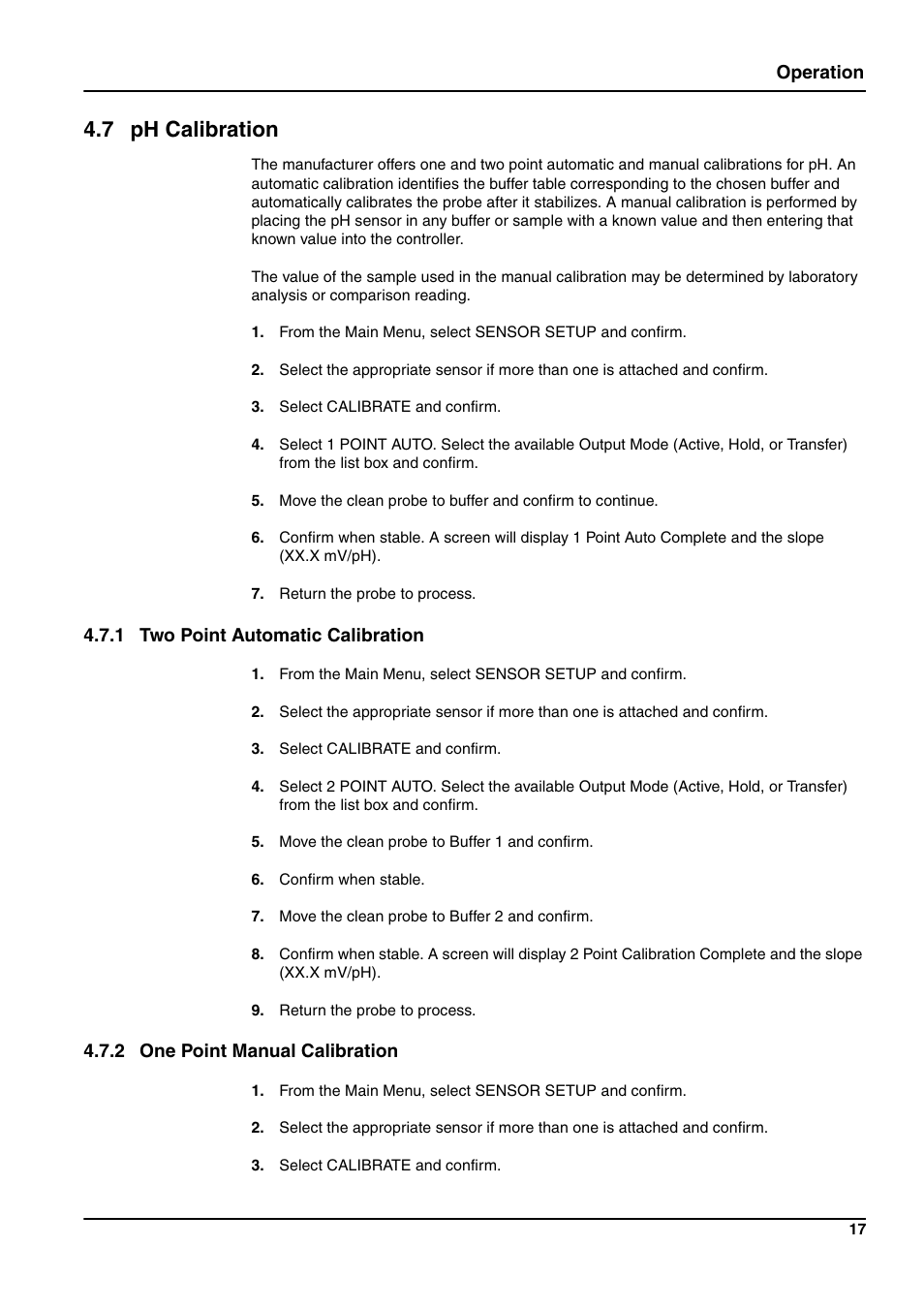 7 ph calibration, Operation, 1 two point automatic calibration | 2 one point manual calibration | Hach-Lange pHD sc User Manual | Page 23 / 44