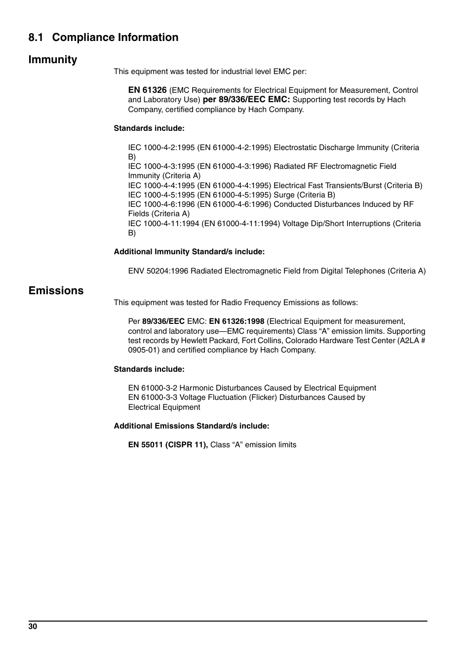 1 compliance information immunity, Emissions | Hach-Lange pHD sc User Manual | Page 36 / 44