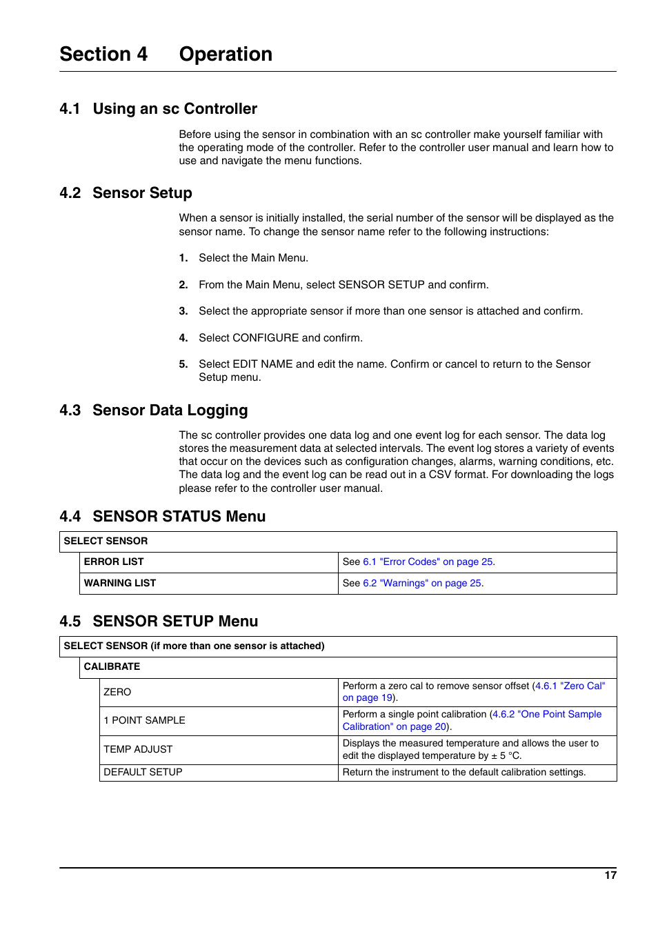 1 using an sc controller, 2 sensor setup, 3 sensor data logging | 4 sensor status menu, 5 sensor setup menu | Hach-Lange 3400 sc User Manual | Page 21 / 52