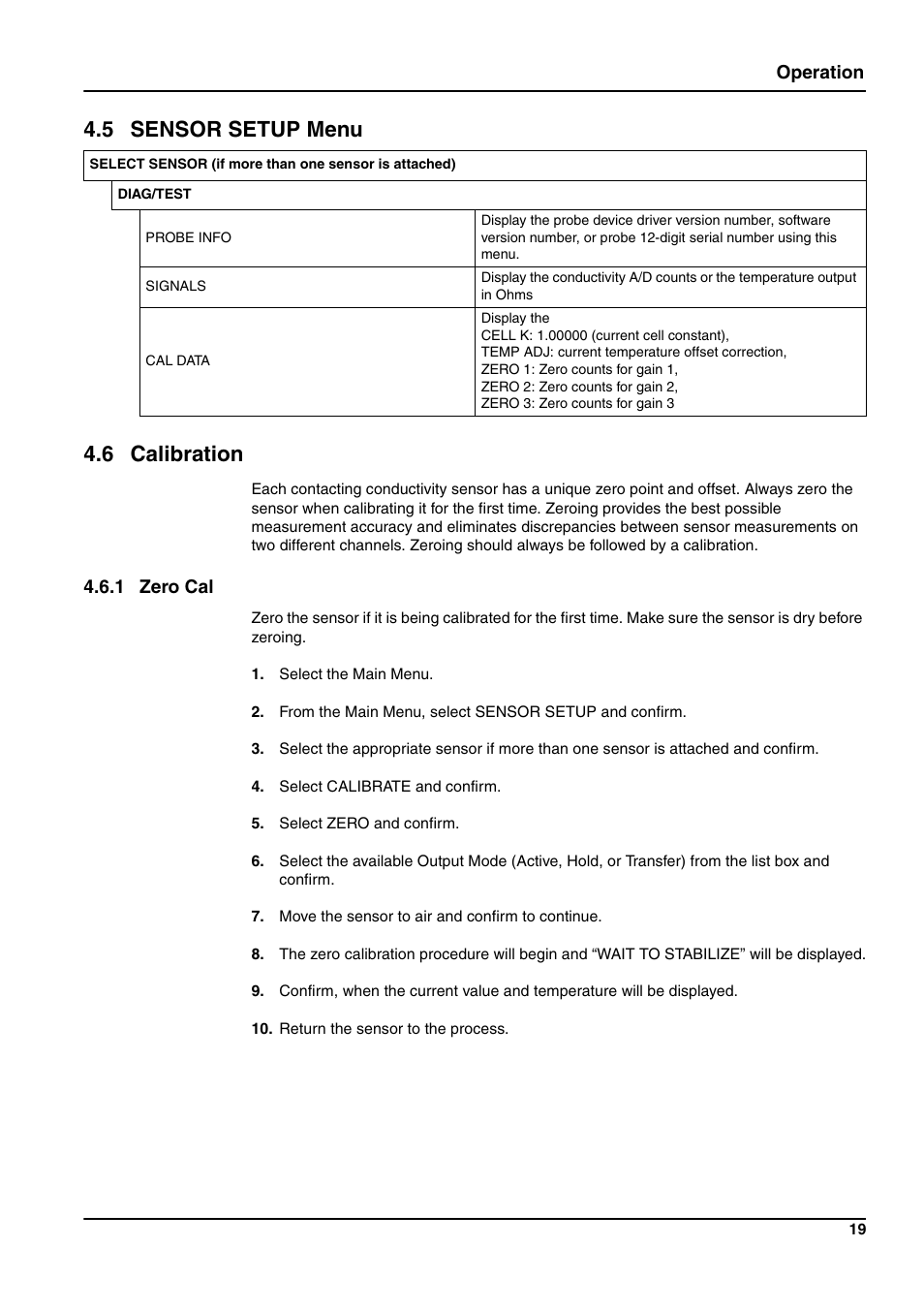 6 calibration, 5 sensor setup menu, Operation | 1 zero cal | Hach-Lange 3400 sc User Manual | Page 23 / 52
