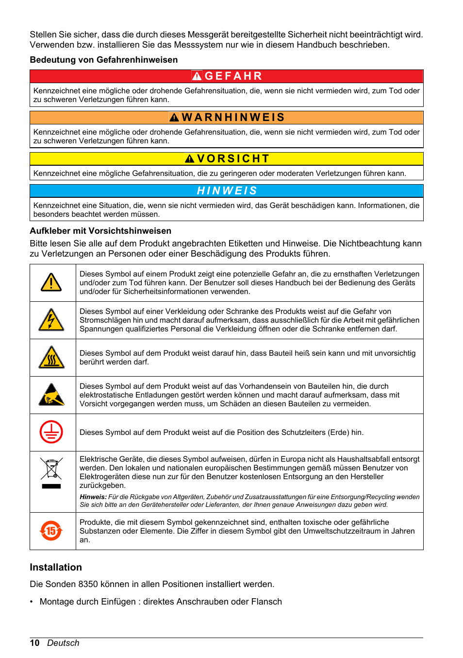 Bedeutung von gefahrenhinweisen, Aufkleber mit vorsichtshinweisen, Installation | Hach-Lange POLYMETRON 8350_8351 Basic User Manual User Manual | Page 10 / 82