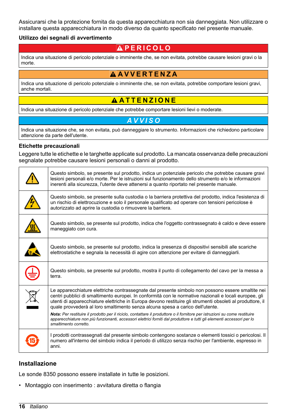 Utilizzo dei segnali di avvertimento, Etichette precauzionali, Installazione | Hach-Lange POLYMETRON 8350_8351 Basic User Manual User Manual | Page 16 / 82