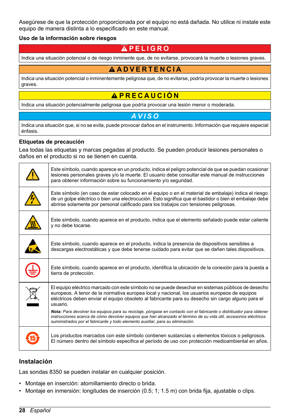 Uso de la información sobre riesgos, Etiquetas de precaución, Instalación | Hach-Lange POLYMETRON 8350_8351 Basic User Manual User Manual | Page 28 / 82