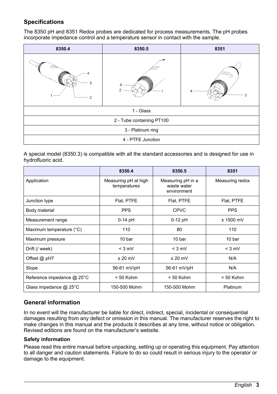 Basic user manual, Specifications, General information | Safety information, English | Hach-Lange POLYMETRON 8350_8351 Basic User Manual User Manual | Page 3 / 82