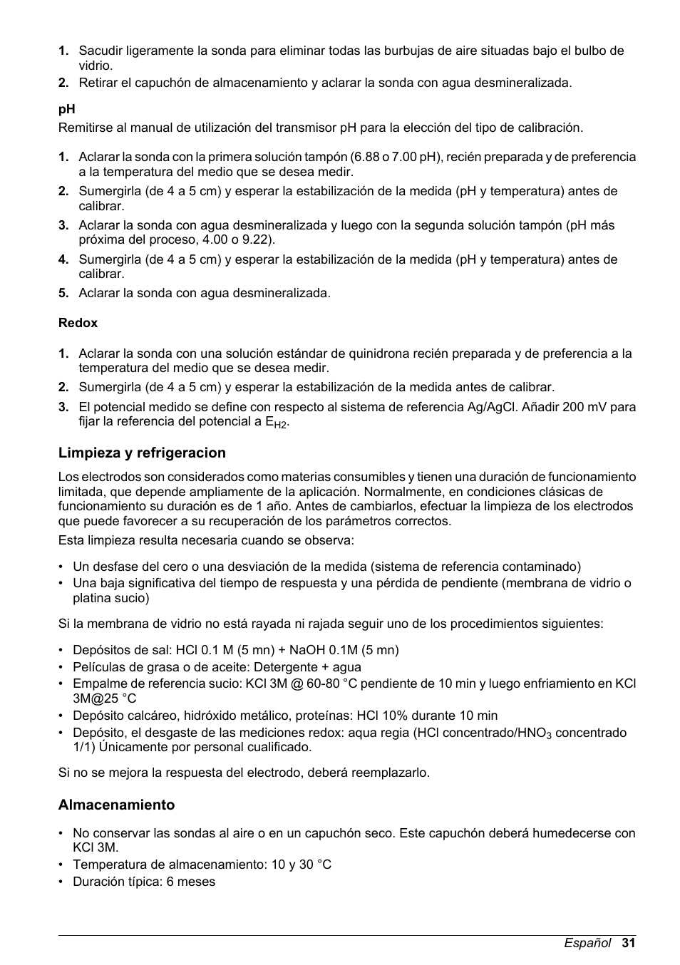 Redox, Limpieza y refrigeracion, Almacenamiento | Hach-Lange POLYMETRON 8350_8351 Basic User Manual User Manual | Page 31 / 82