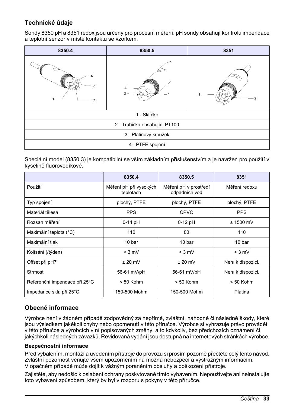 Základní uživatelská příručka, Technické údaje, Obecné informace | Bezpečnostní informace, Čeština | Hach-Lange POLYMETRON 8350_8351 Basic User Manual User Manual | Page 33 / 82