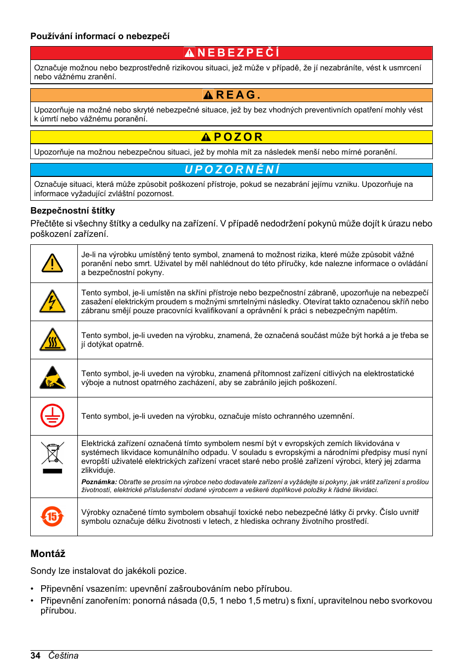 Používání informací o nebezpečí, Bezpečnostní štítky, Montáž | R e a g | Hach-Lange POLYMETRON 8350_8351 Basic User Manual User Manual | Page 34 / 82