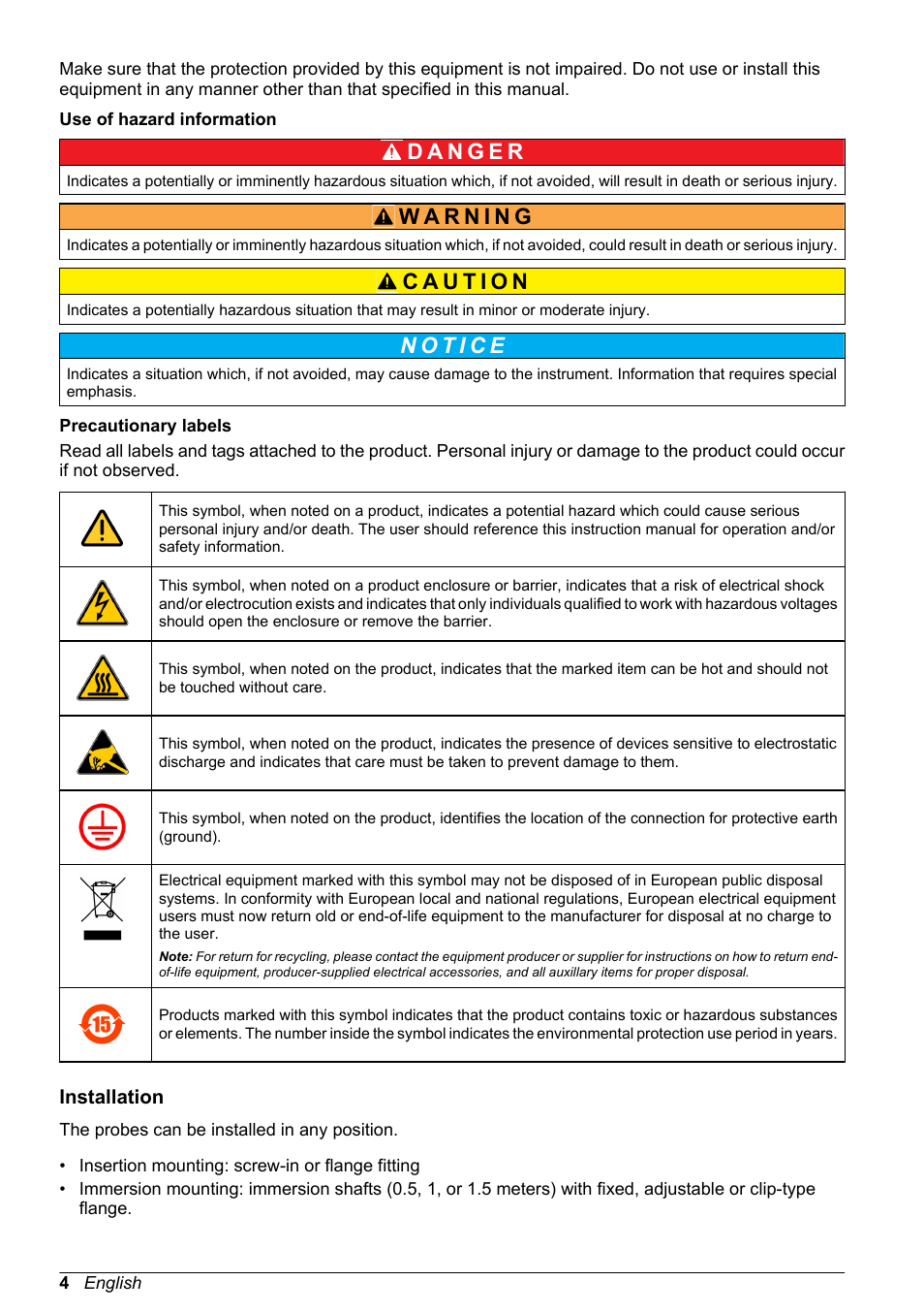 Use of hazard information, Precautionary labels, Installation | Hach-Lange POLYMETRON 8350_8351 Basic User Manual User Manual | Page 4 / 82