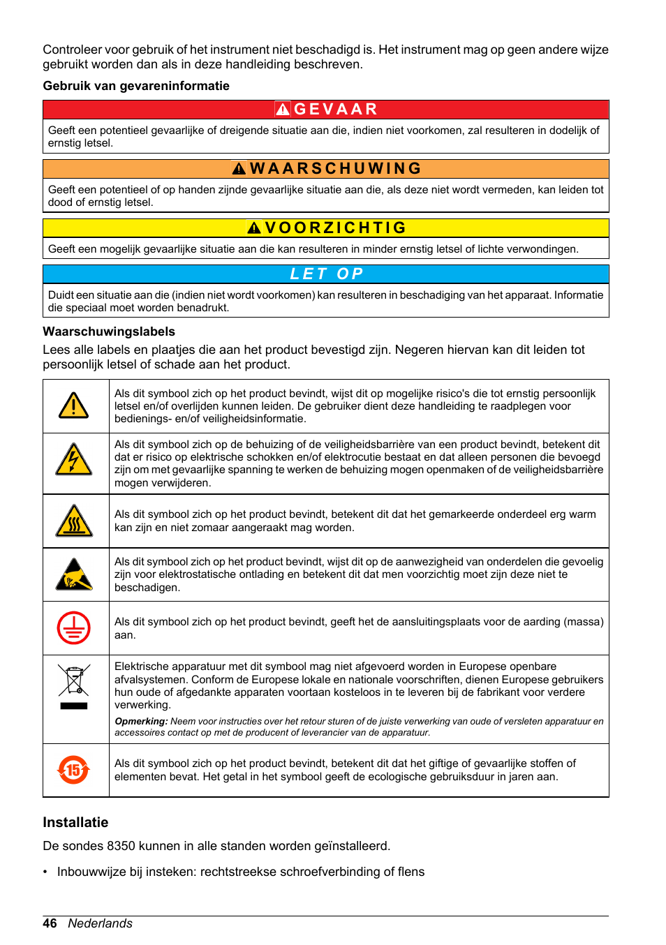Gebruik van gevareninformatie, Waarschuwingslabels, Installatie | Hach-Lange POLYMETRON 8350_8351 Basic User Manual User Manual | Page 46 / 82