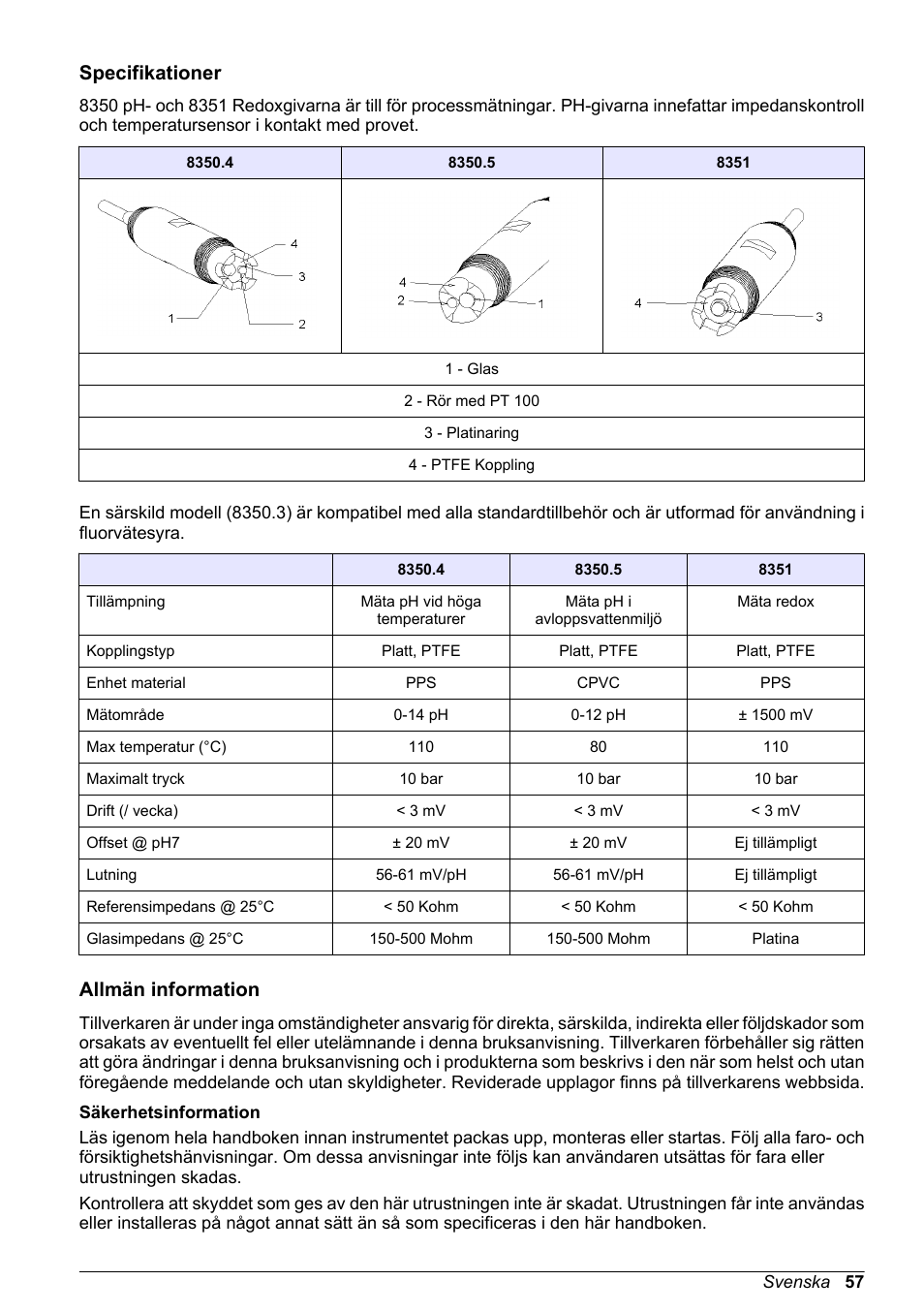 Grundläggande bruksanvisning, Specifikationer, Allmän information | Säkerhetsinformation, Svenska | Hach-Lange POLYMETRON 8350_8351 Basic User Manual User Manual | Page 57 / 82