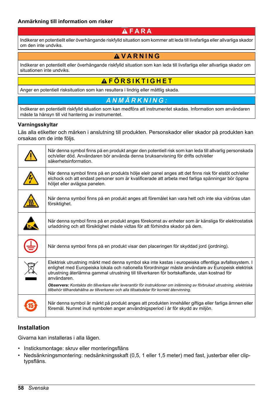 Anmärkning till information om risker, Varningsskyltar, Installation | F a r a | Hach-Lange POLYMETRON 8350_8351 Basic User Manual User Manual | Page 58 / 82