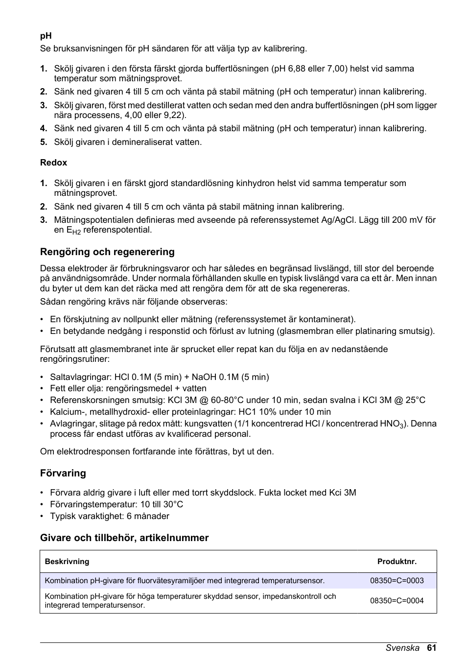 Redox, Rengöring och regenerering, Förvaring | Givare och tillbehör, artikelnummer | Hach-Lange POLYMETRON 8350_8351 Basic User Manual User Manual | Page 61 / 82
