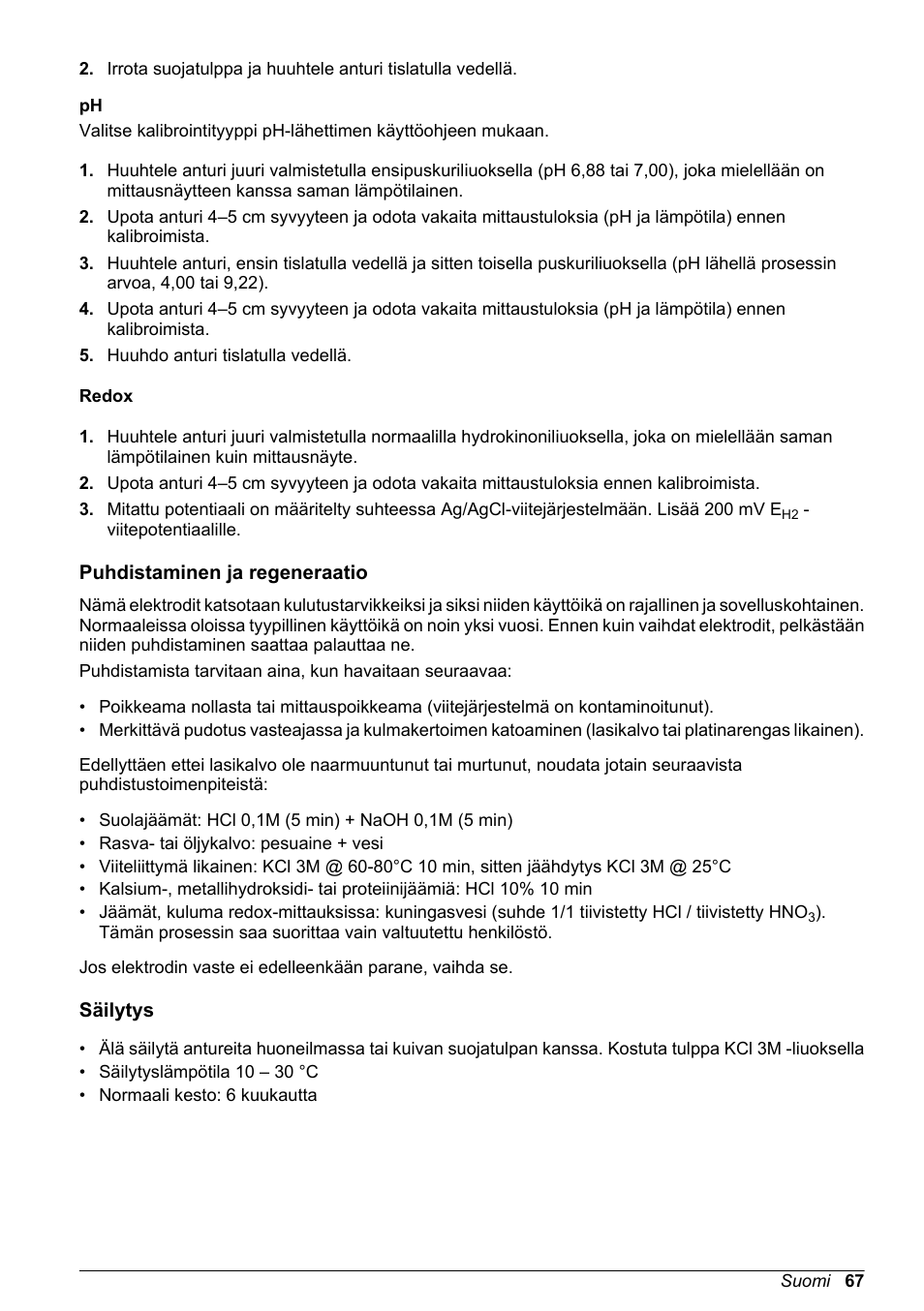 Redox, Puhdistaminen ja regeneraatio, Säilytys | Hach-Lange POLYMETRON 8350_8351 Basic User Manual User Manual | Page 67 / 82