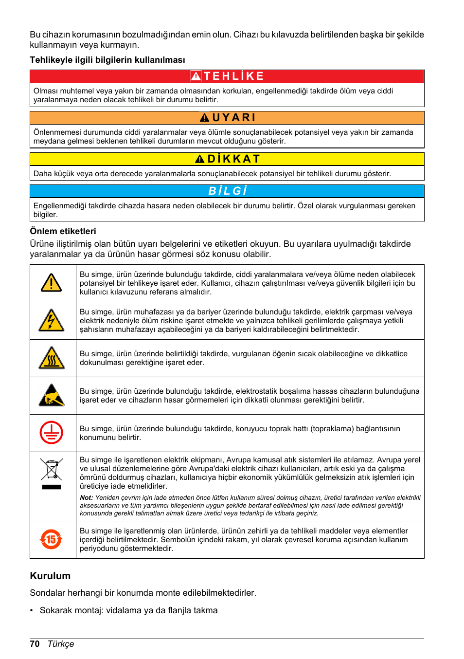 Tehlikeyle ilgili bilgilerin kullanılması, Önlem etiketleri, Kurulum | Hach-Lange POLYMETRON 8350_8351 Basic User Manual User Manual | Page 70 / 82