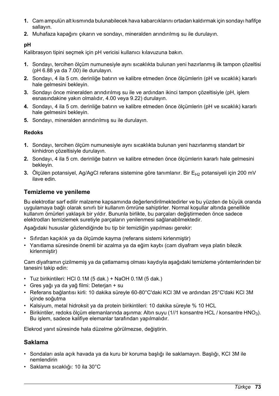 Redoks, Temizleme ve yenileme, Saklama | Hach-Lange POLYMETRON 8350_8351 Basic User Manual User Manual | Page 73 / 82