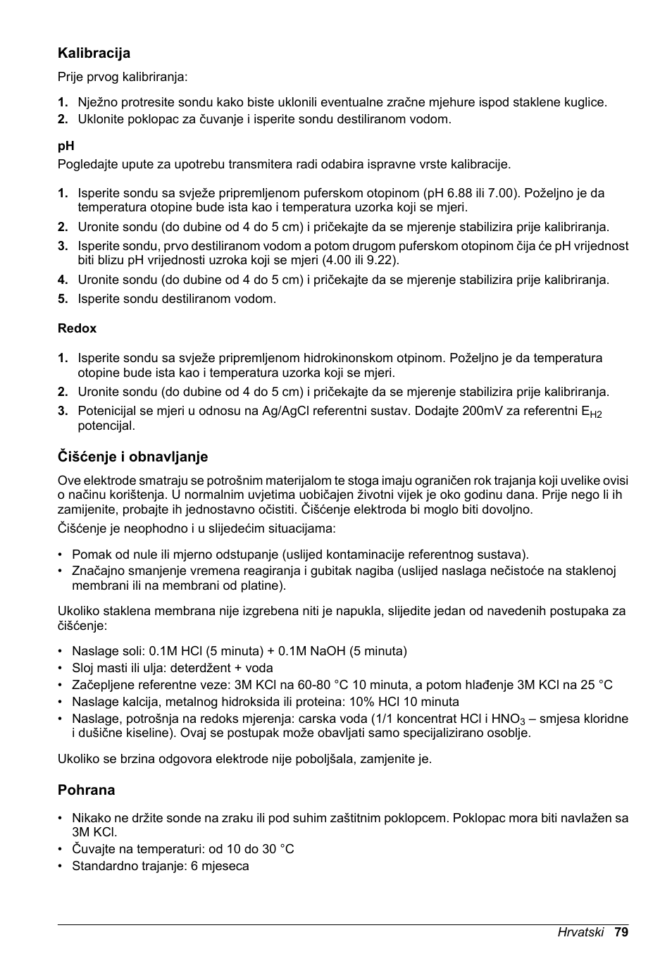 Kalibracija, Redox, Čišćenje i obnavljanje | Pohrana | Hach-Lange POLYMETRON 8350_8351 Basic User Manual User Manual | Page 79 / 82