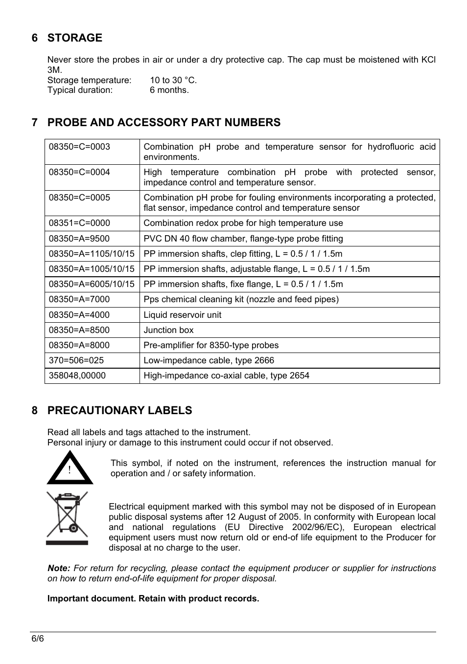 6 storage, 7 probe and accessory part numbers, 8 precautionary labels | Hach-Lange POLYMETRON 8350_8351 User Manual User Manual | Page 10 / 36