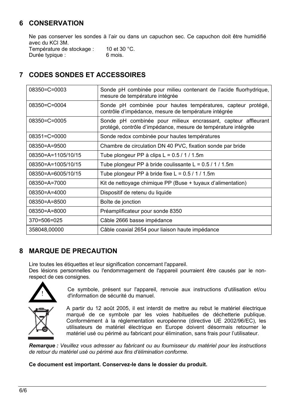 6 conservation, 7 codes sondes et accessoires, 8 marque de precaution | Hach-Lange POLYMETRON 8350_8351 User Manual User Manual | Page 16 / 36