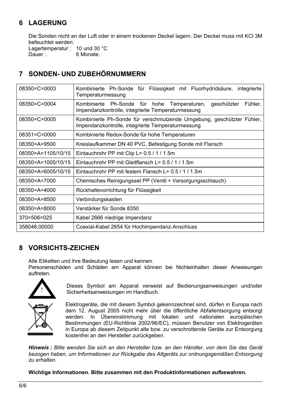 6 lagerung, 7 sonden- und zubehörnummern, 8 vorsichts-zeichen | Hach-Lange POLYMETRON 8350_8351 User Manual User Manual | Page 22 / 36