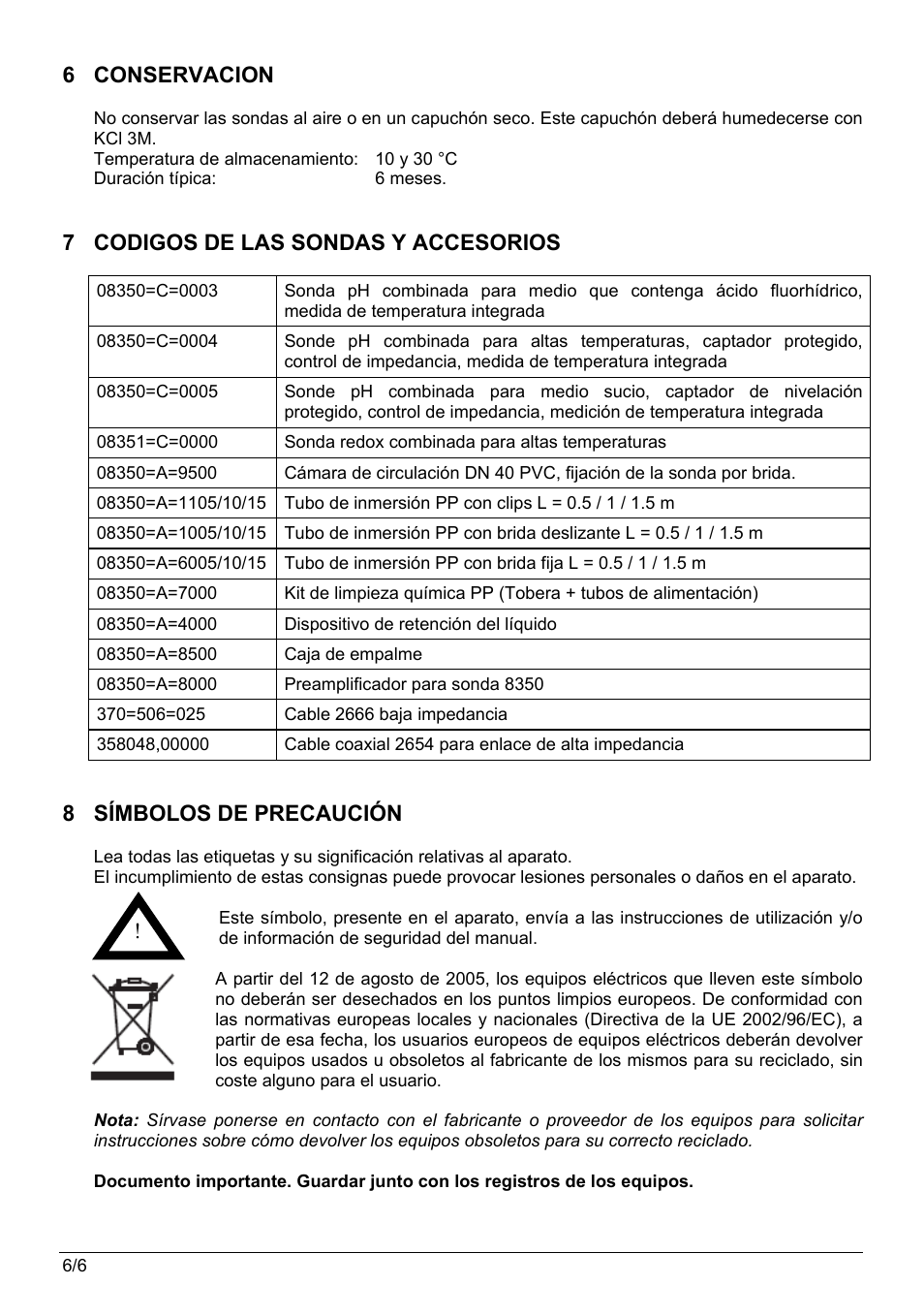 6 conservacion, 7 codigos de las sondas y accesorios, 8 símbolos de precaución | Hach-Lange POLYMETRON 8350_8351 User Manual User Manual | Page 28 / 36