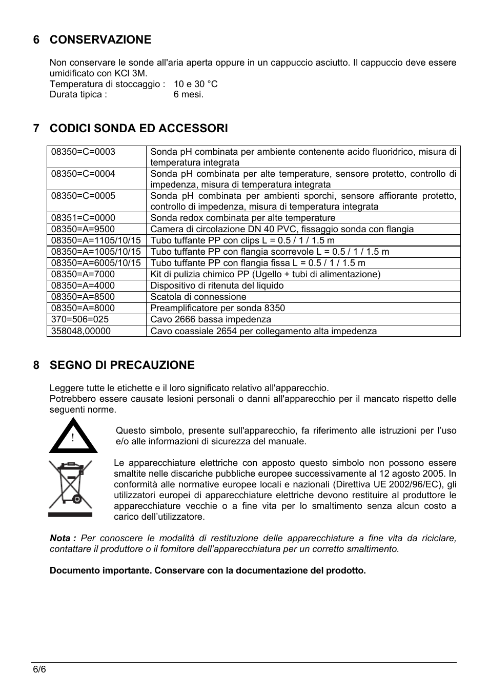 6 conservazione, 7 codici sonda ed accessori, 8 segno di precauzione | Hach-Lange POLYMETRON 8350_8351 User Manual User Manual | Page 34 / 36