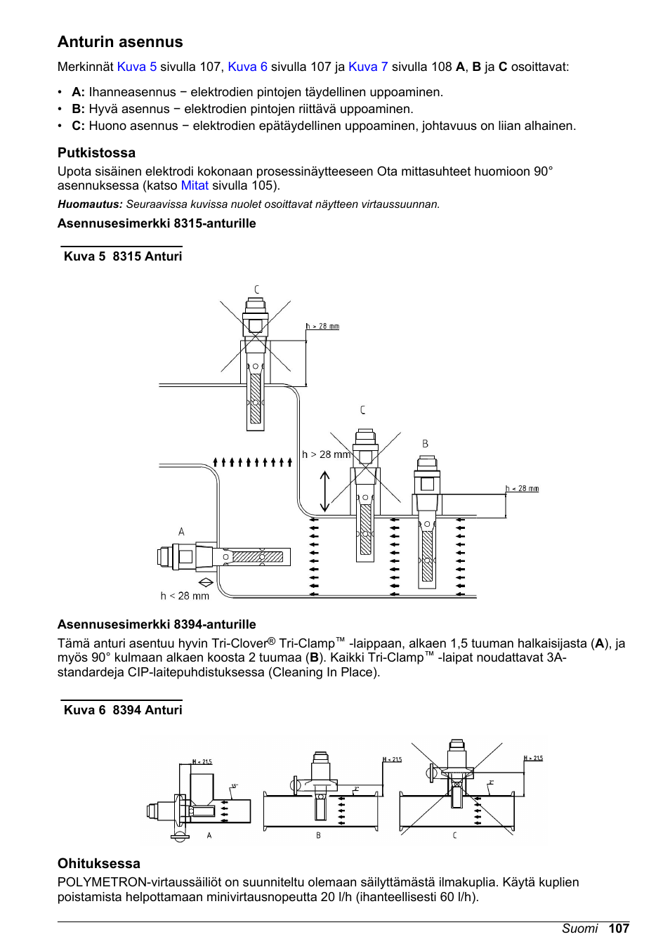 Anturin asennus, Putkistossa, Ohituksessa | Hach-Lange POLYMETRON 83xx Basic User Manual User Manual | Page 107 / 124