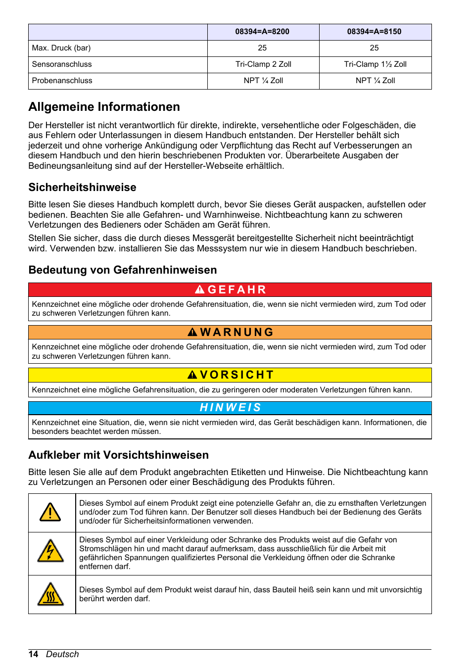 Allgemeine informationen, Sicherheitshinweise, Bedeutung von gefahrenhinweisen | Aufkleber mit vorsichtshinweisen | Hach-Lange POLYMETRON 83xx Basic User Manual User Manual | Page 14 / 124