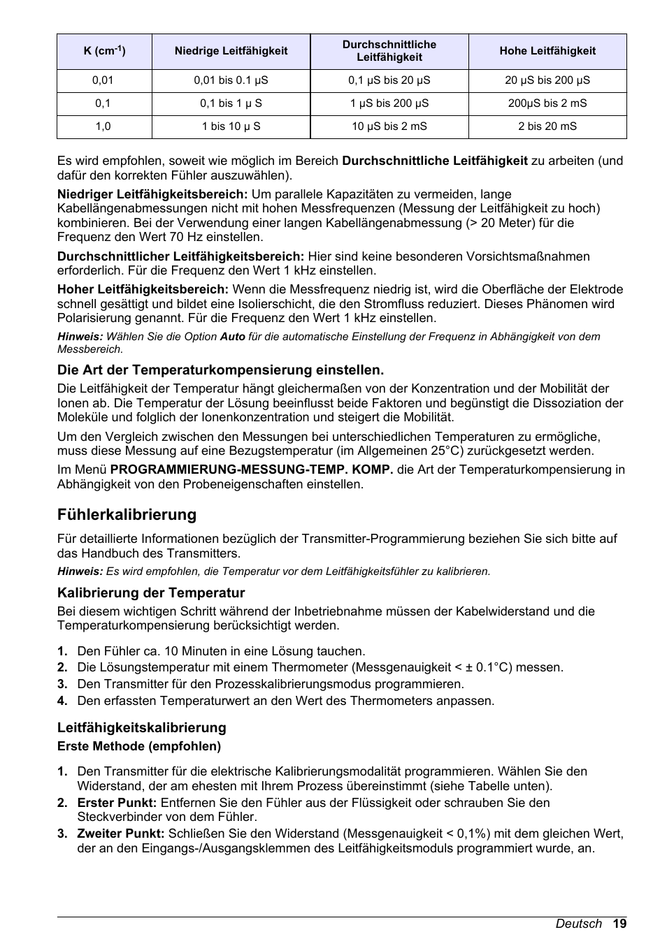 Die art der temperaturkompensierung einstellen, Fühlerkalibrierung, Kalibrierung der temperatur | Leitfähigkeitskalibrierung | Hach-Lange POLYMETRON 83xx Basic User Manual User Manual | Page 19 / 124