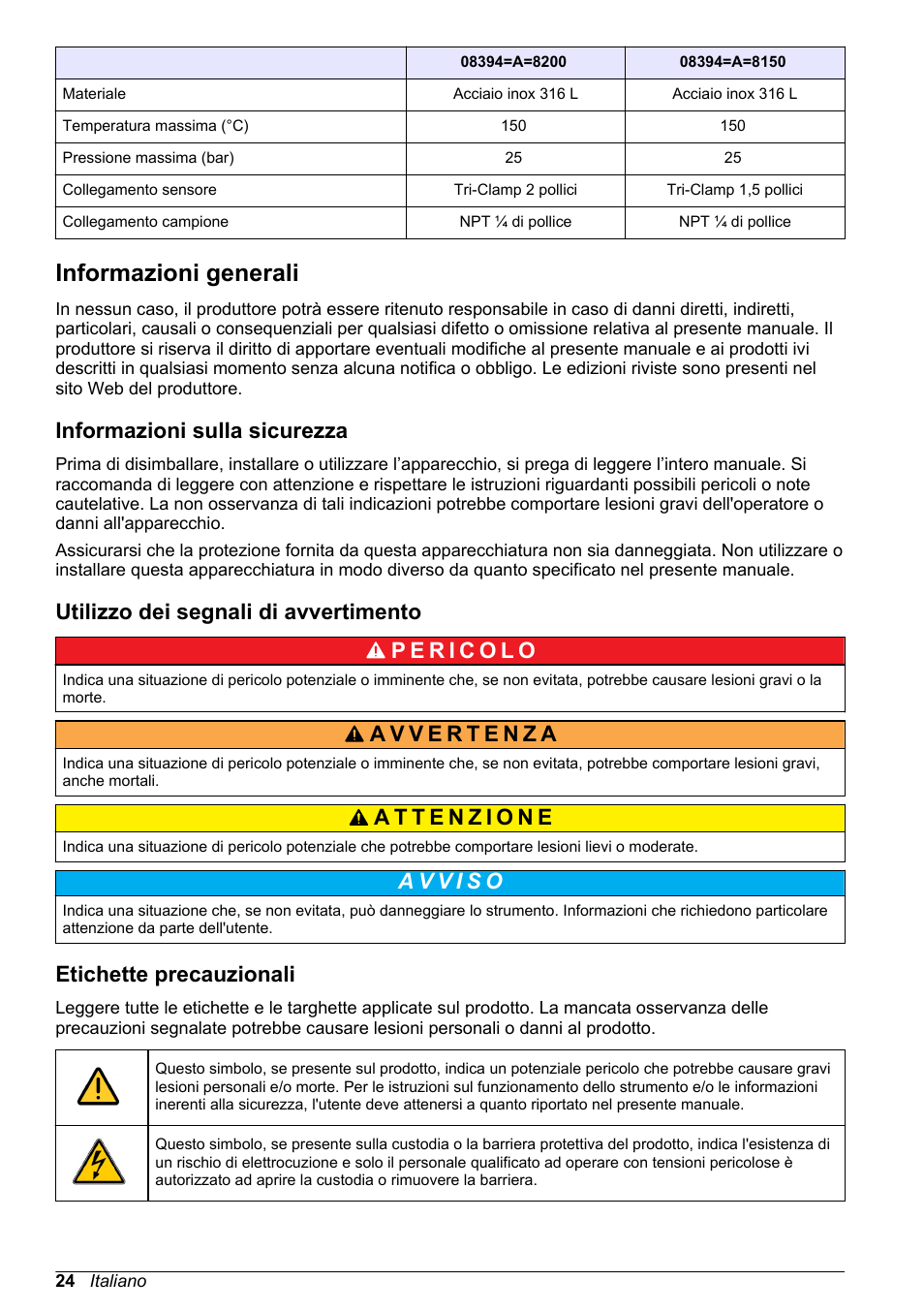 Informazioni generali, Informazioni sulla sicurezza, Utilizzo dei segnali di avvertimento | Etichette precauzionali | Hach-Lange POLYMETRON 83xx Basic User Manual User Manual | Page 24 / 124
