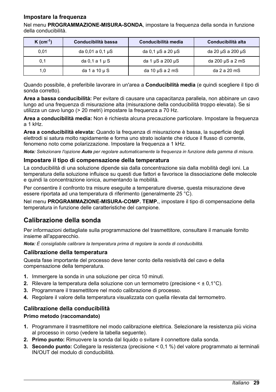 Impostare la frequenza, Calibrazione della sonda, Calibrazione della temperatura | Calibrazione della conducibilità | Hach-Lange POLYMETRON 83xx Basic User Manual User Manual | Page 29 / 124