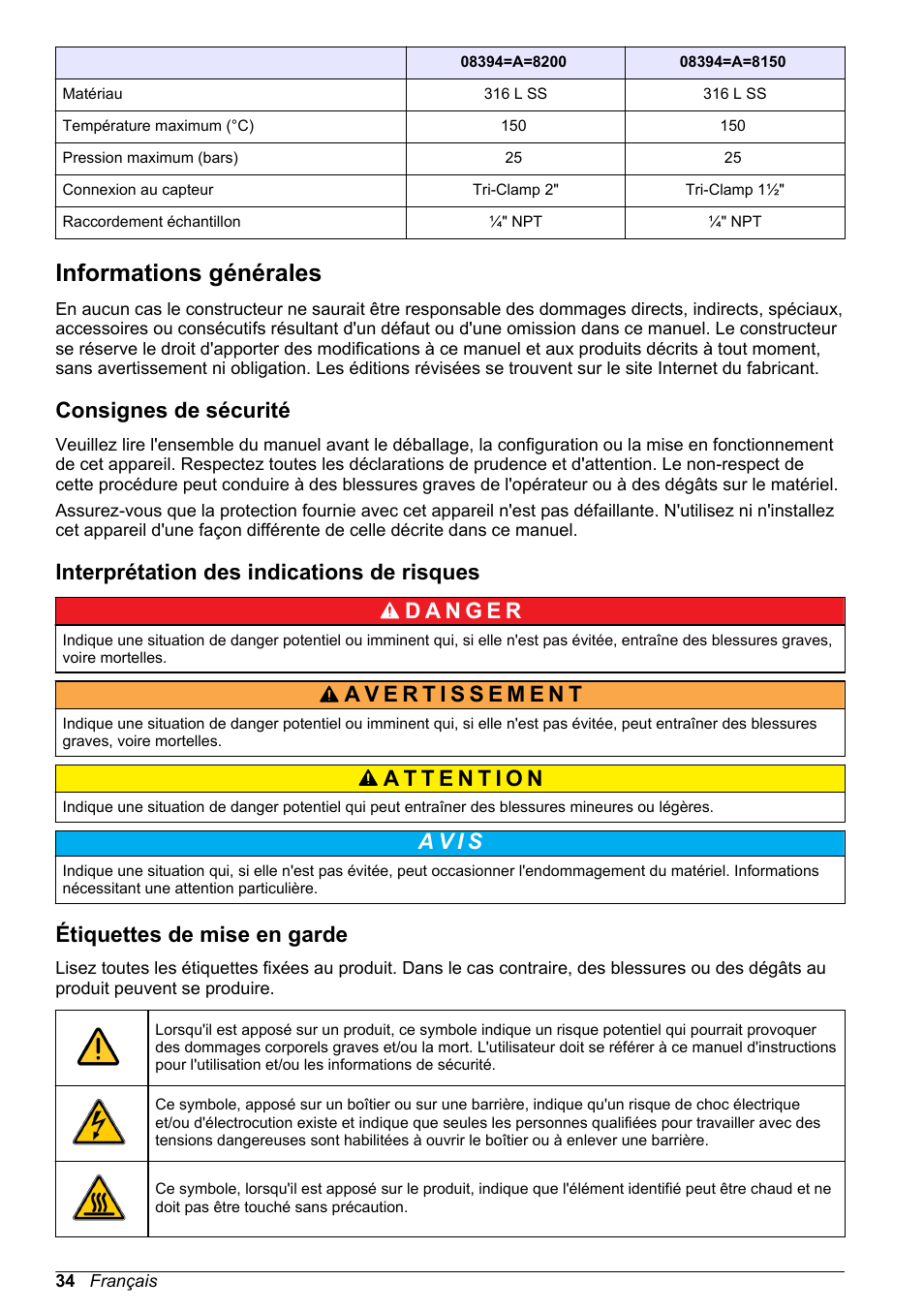 Informations générales, Consignes de sécurité, Interprétation des indications de risques | Étiquettes de mise en garde, A v i s | Hach-Lange POLYMETRON 83xx Basic User Manual User Manual | Page 34 / 124