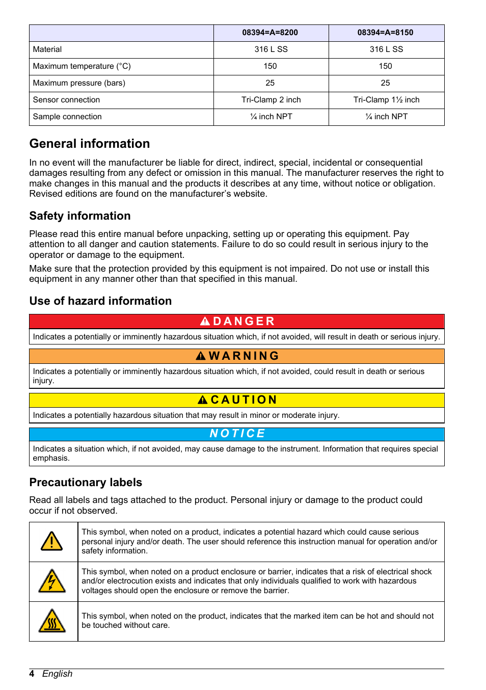 General information, Safety information, Use of hazard information | Precautionary labels | Hach-Lange POLYMETRON 83xx Basic User Manual User Manual | Page 4 / 124