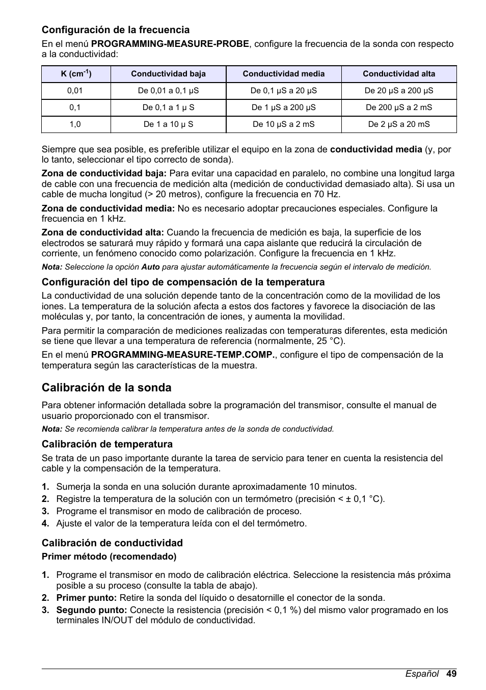 Configuración de la frecuencia, Calibración de la sonda, Calibración de temperatura | Calibración de conductividad | Hach-Lange POLYMETRON 83xx Basic User Manual User Manual | Page 49 / 124