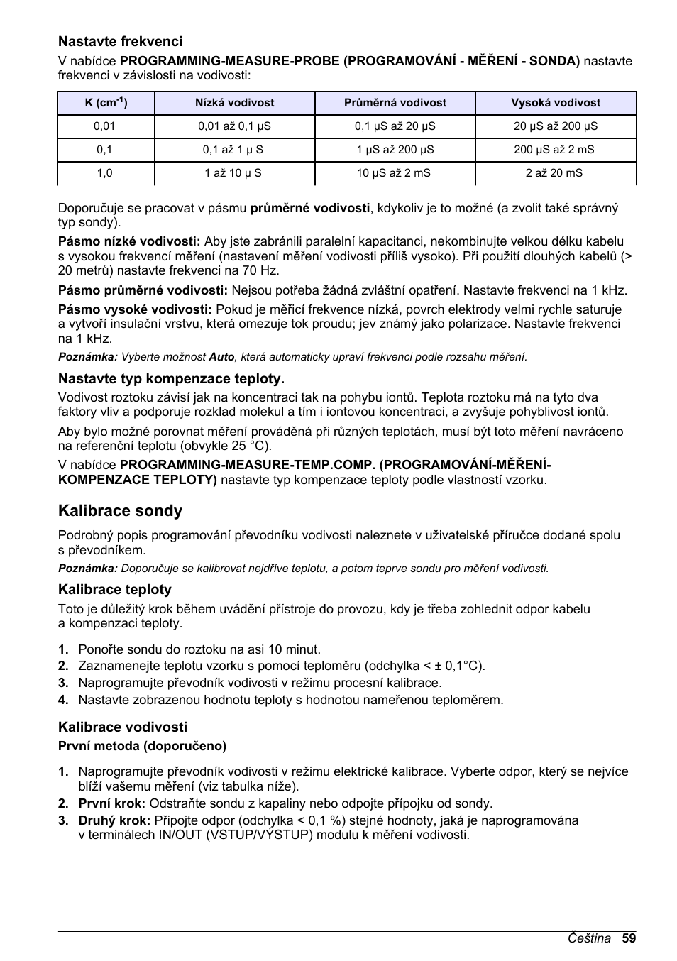 Nastavte frekvenci, Nastavte typ kompenzace teploty, Kalibrace sondy | Kalibrace teploty, Kalibrace vodivosti | Hach-Lange POLYMETRON 83xx Basic User Manual User Manual | Page 59 / 124